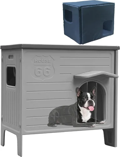 Vista 7 de Casa de perro duradera impermeable de plástico para interiores y exteriores, casa de perro exterior con ventana lateral y piso elevado, fácil