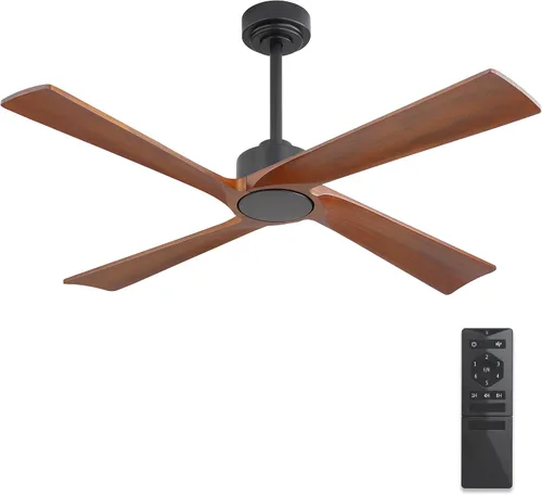 Vista 10 de WINGBO Ventilador de techo CC de 48 pulgadas sin luces, 4 aspas de madera maciza tallada, motor CC reversible de 6 velocidades, ventilador de techo