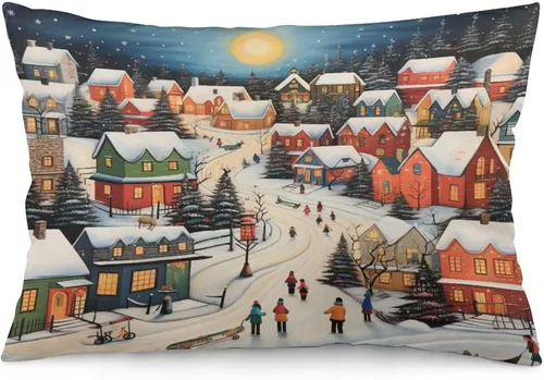 Vista 19 de Fundas de cojín decorativas para cama, diseño de pueblo de invierno, escena de invierno, con una casa victoriana en un entorno nevado, fundas