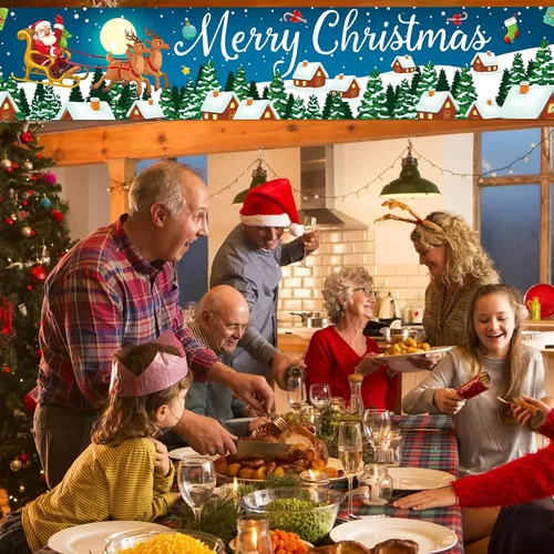 Vista 4 de Cartel de Navidad al aire libre, gran tela azul decoraciones de Feliz Navidad con Papá Noel renos regalos de fondo, cartel de Navidad para patio