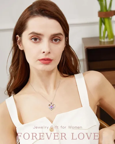 Vista 8 de THECEROS Collar de corazón para mujer, chapado en oro de 18 quilates, collar de piedra natal de plata de ley, regalo para mujer