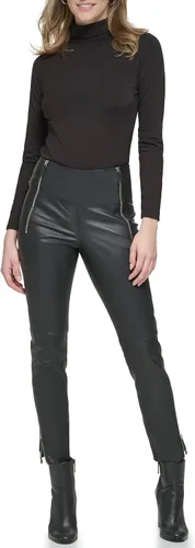 Vista 5 de Karl Lagerfeld Paris Pantalones de cuero elástico con cremallera para mujer con detalle de puntada superior