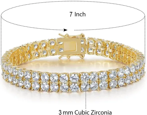 Vista 2 de Gemsme Pulseras de tenis de 2 filas para mujeres y hombres, chapado en oro amarillo de 18 quilates, 0.118 in, corte redondo, circonita cúbica