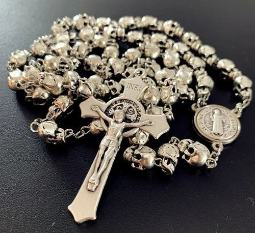 Vista 4 de elegantmedical Hecho a mano Católico San San Benito Rosario Crucifijo Cruz Plata Cráneo Cuentas Collar Católico Caja de Regalo