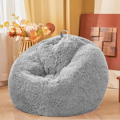 Vista 22 de Fundas para puf de pelo sintético mullido color beige, funda para silla puff de felpa suave color beige para niños y niñas, almacenamiento de puf