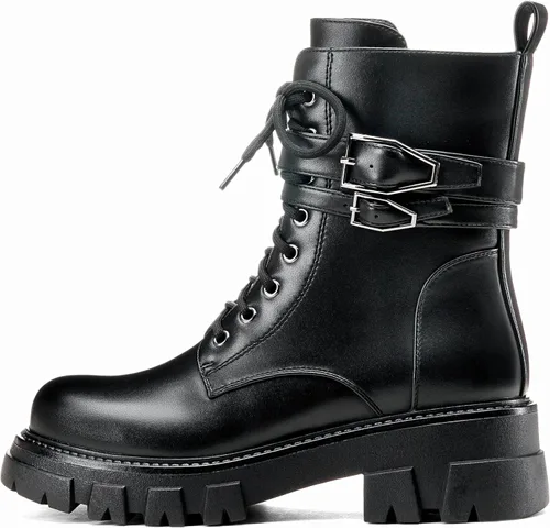 Vista 12 de Botas de combate para mujer, botas rave para mujer, botas de motocicleta de moda, con hebilla, góticas, tacón grueso