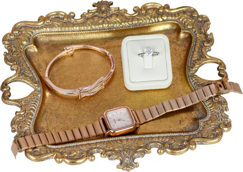 Vista 9 de Funly mee Plato Antiguo de Baratija, Bandeja Vintage de Joyería, Soporte de Anillos (Negro & Oro, S)