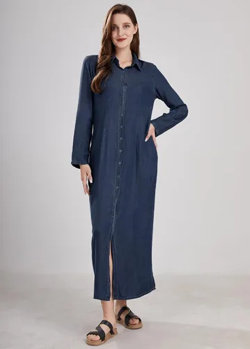 Vista 9 de utcoco Vestido largo casual de mezclilla con botones para mujer, con solapa, manga larga, con bolsillos