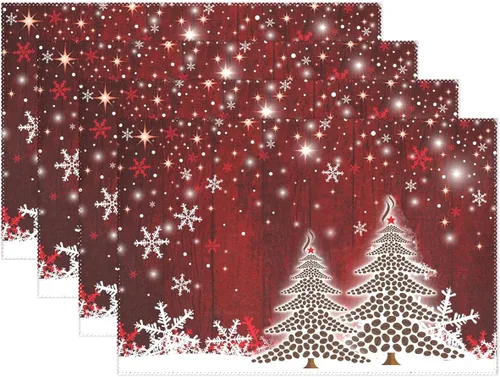 Vista 9 de Juego de 4 manteles individuales con diseño de árbol de Navidad, diseño de árbol de Navidad, resistentes al calor, manteles individuales lavables