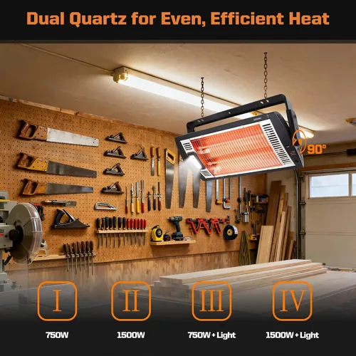Vista 5 de Shinic Calentadores eléctricos de garaje con control remoto, calentador de cuarzo radiante montado en el techo de 1500 W/750 W con luz de trabajo