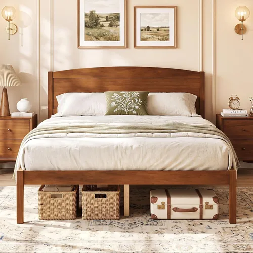 Vista 11 de GIANTEX Twin Size Wooden Bed Frame with Curved Headboard, Wood Slat Support