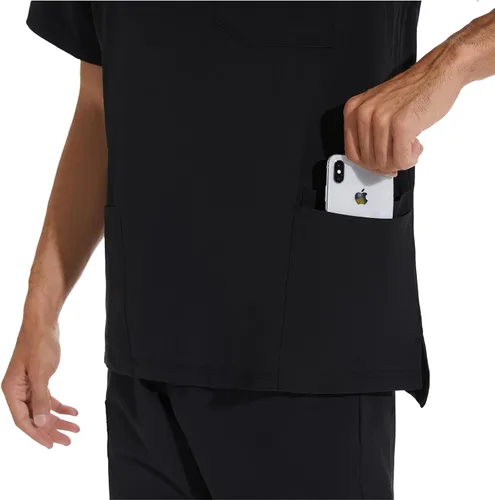 Vista 8 de COZYFIT Conjunto de ropa quirúrgica para hombre camiseta elástica con cuello en V y pantalón deportivo con 8 bolsillos, cintura de yoga, ropa