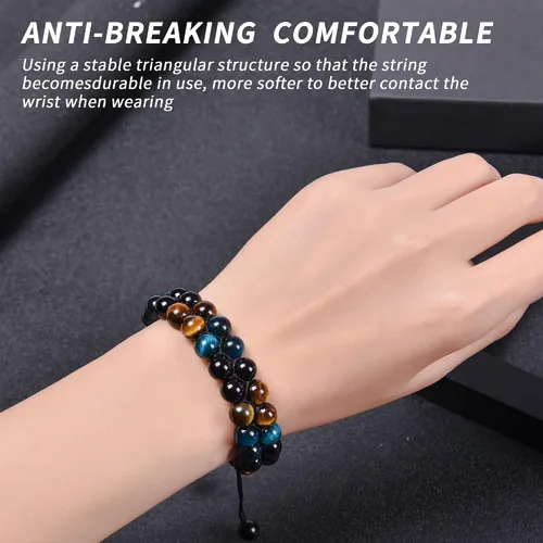 Vista 5 de Triple Crystal Protection Bracelet Handmade Black Obsidian Blue Tiger Eye and Hematite Stone Natural Crystal Healing Jewelry for Men Women