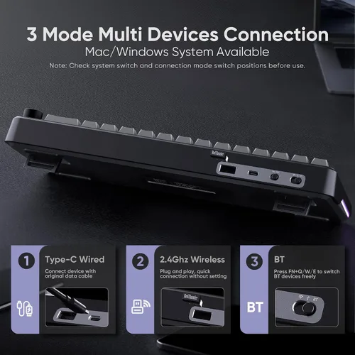 Vista 4 de RedThunder Teclado mecánico inalámbrico para juegos K65, conexión de modos de viaje, teclado de intercambio en caliente personalizado de junta