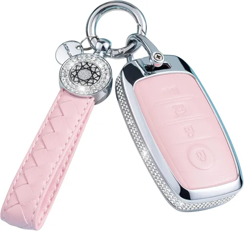 Vista 23 de Funda para llave inteligente con llavero, de piel auténtica color rosa, con cristales, carcasa protectora
