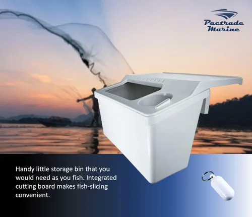 Vista 6 de Pactrade Marine Contenedor de almacenamiento blanco para kayak, con 22 cebos de pesca y señuelos, ranuras para aparejos montados en Gunwale, mesa