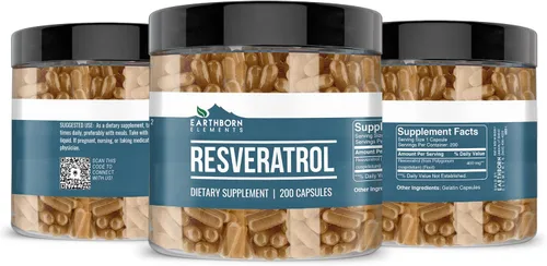 Vista 2 de Earthborn Elements Resveratrol 200 cápsulas, puro y sin diluir, sin aditivos