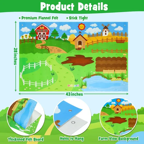 Vista 2 de Juego de tablero de fieltro con temática de granja de animales de Dr.Rapeti 41 piezas para preescolar, tablero ocupado con tema de granja, juego
