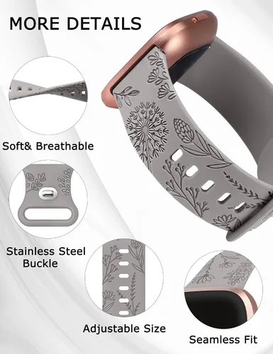 Vista 4 de Minyee Paquete de 3 correas grabadas florales compatibles con Fitbit Versa 2/Versa Lite, silicona suave, patrón de flor de diente de león, correa