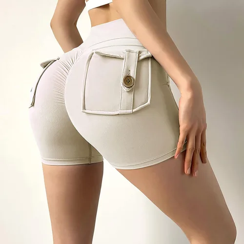 Vista 2 de DASAYO Pantalones cortos de yoga de cintura alta para mujer, pantalones cortos elásticos con bolsillos, pantalones cortos de entrenamiento atléticos