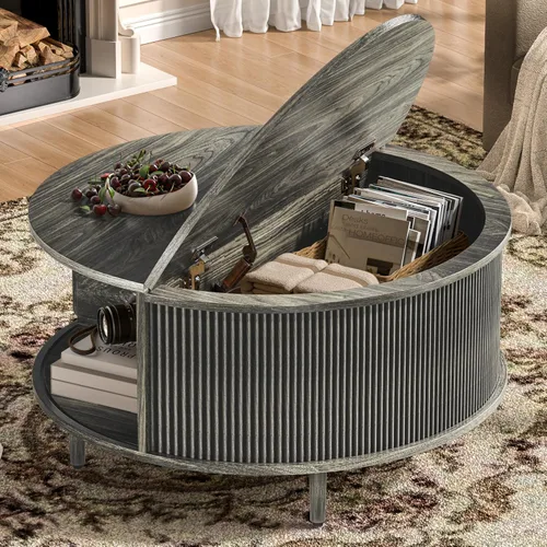 Vista 13 de Mesa auxiliar redonda, mesa central acanalada de 31.5 pulgadas con almacenamiento, mesa de centro elevable con almohadillas ajustables, puerta
