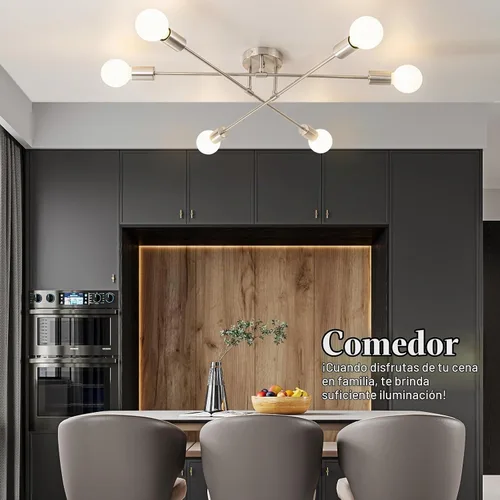 Vista 6 de Candelabros Sputnik modernos de 6 luces, lámparas de araña de techo semiempotradas de plata de mediados del siglo XX con base E26, lámpara Plateado