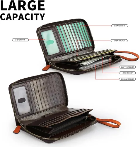 Vista 5 de Cartera de cuero con bloqueo RFID para mujer, de gran capacidad, con correa de mano desmontable