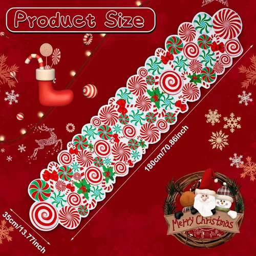 Vista 2 de Kingdder Camino de mesa de Navidad con bastón de caramelo, menta, rojo, blanco, verde, piruleta, moño, mantel de mesa, decoración de fiesta