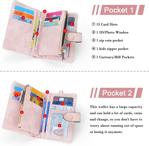 Vista 3 de Billeteras con bloqueo RFID para mujer, de gran capacidad, de cuero suave, cartera pequeña con correa para la muñeca, Rosado, Casual