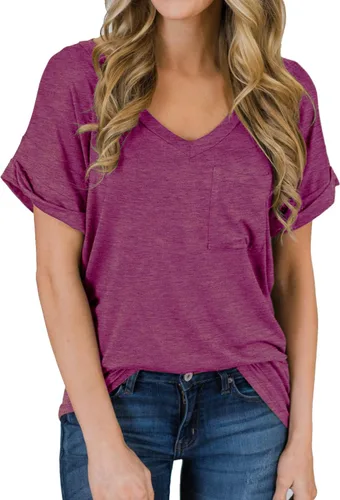 Vista 11 de Miholl Camiseta holgada, informal, de manga corta, con cuello en V, para mujer Blanco (02 White)