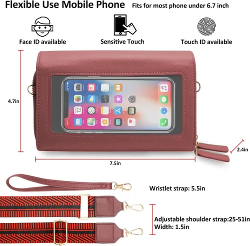 Vista 3 de LITOON Bolsas cruzadas con pantalla táctil, bolsillo con cremallera para ventana para teléfono celular, tarjetero con bloqueo RFID, bolsa