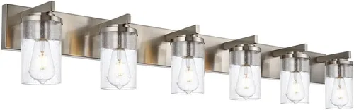 Vista 14 de BONLICHT Lámpara de pared de níquel cepillado de 2 luces con pantalla de cristal transparente, luces industriales de baño para interiores sobre