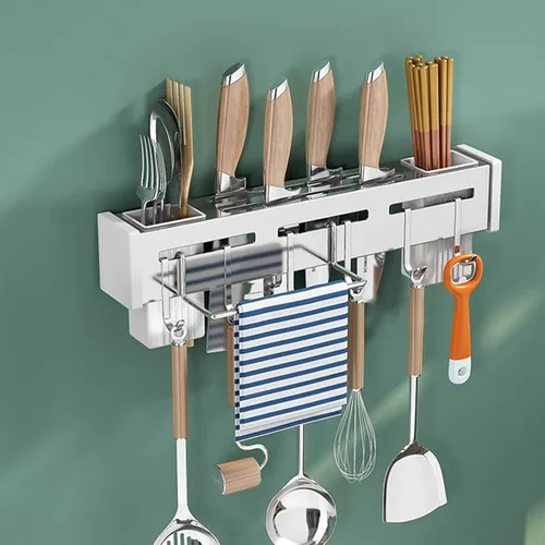 Vista 10 de Estante para utensilios de cocina, soporte para cubiertos de cocina, organizador de pared para cucharas, cuchillos, tenedores, palillos (negro)