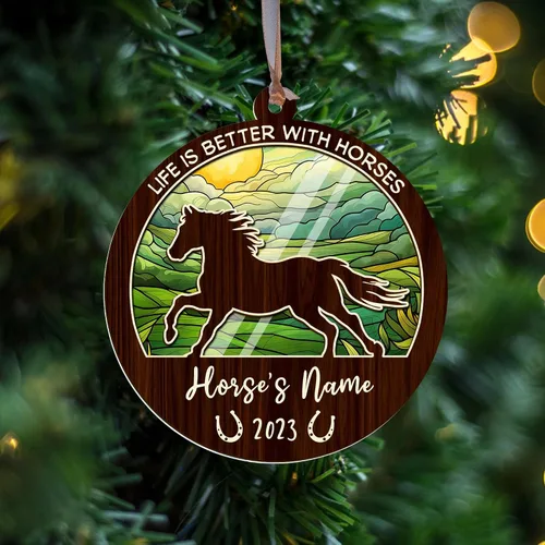 Vista 6 de Artsy Woodsy Adornos de madera para árbol de Navidad, regalos únicos para amantes de los caballos, accesorios para espejo trasero vintage de vaquero