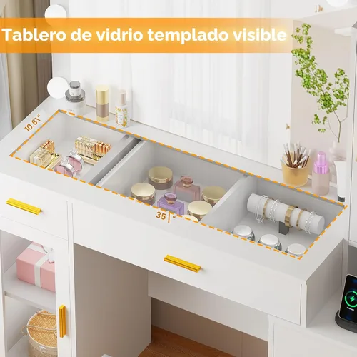 Vista 2 de BEWISHOME Tocador Grande de 49.2" con Espejo y Luces, Mesa de Maquillaje Blanca con Superficie de Vidrio, Taburete, Escritorio de Maquillaje