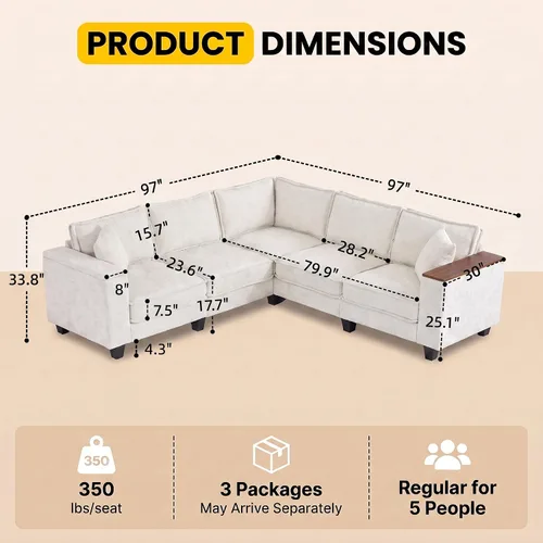 Vista 3 de Sofá modular modular en forma de V de 97 pulgadas, 5 asientos, moderno y cómodo sofá esquinero de chenilla, sofá convertible en forma de L, sofá