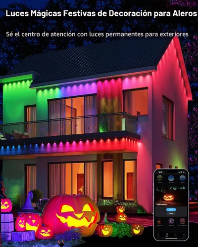 Vista 3 de Guirnalda de luces permanentes para exteriores, 50 pies RGBW+IC Smart LED aleros luces impermeables IP67, aplicación y control remoto, iluminación