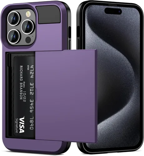 Vista 8 de Vofolen - Funda para iPhone 15 Pro con tarjetero, color negro Dual Layer Shockproof Wallet Phone Case, Hidden Card Slot Sliding Protective Hard