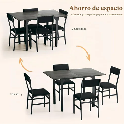 Vista 6 de HUAHUU Juego de mesa de comedor para 4, juego de sillas con cojín para cocina extensible de 4, mesa de comedor rectangular con marco de metal