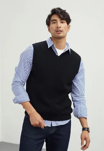 Vista 2 de zhili FS - Suéter de punto con cuello en V para hombre, sin mangas, chaleco de punto, liso, liso, ajuste holgado, todo tipo de suéter