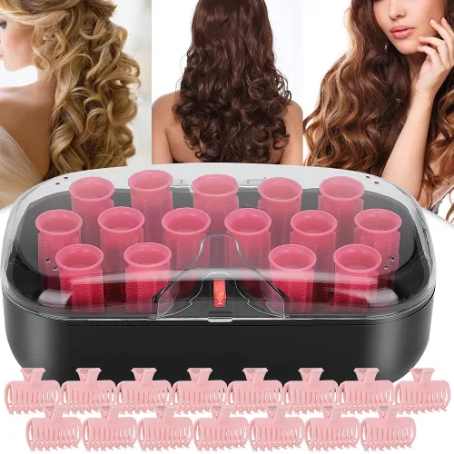 Vista 5 de Rodillos eléctricos con calefacción, 15 unidades de varillas eléctricas para rizar el cabello, rodillo rizador de pelo de 1.181 in con pinzas