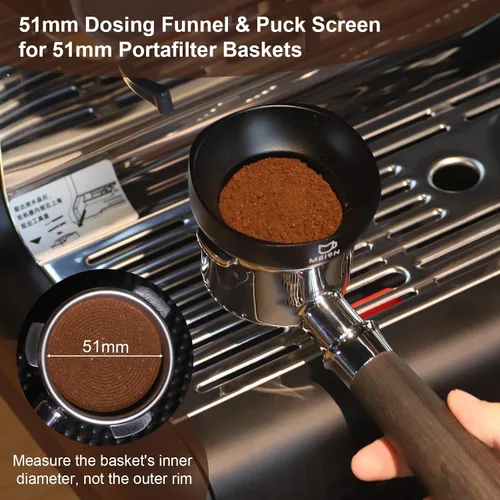 Vista 4 de MEION Juego de embudo dosificador de espresso y pantalla de disco, embudo magnético para café, pantalla de disco de espresso reutilizable