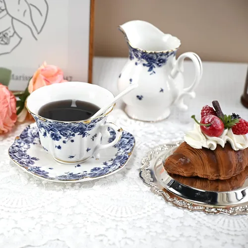 Vista 6 de Bone China - Juego de taza de té y platillo, 3 piezas, estilo vintage, juego de taza de té y platillo para mujeres y fiestas de té, caja de regalo