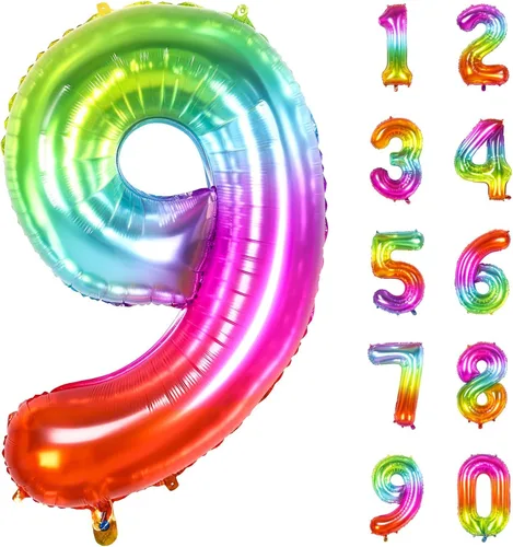 Vista 11 de Globo numérico, globos numéricos gigantes de 40 pulgadas para decoraciones de cumpleaños arco iris, globos numéricos grandes de 0 de mylar