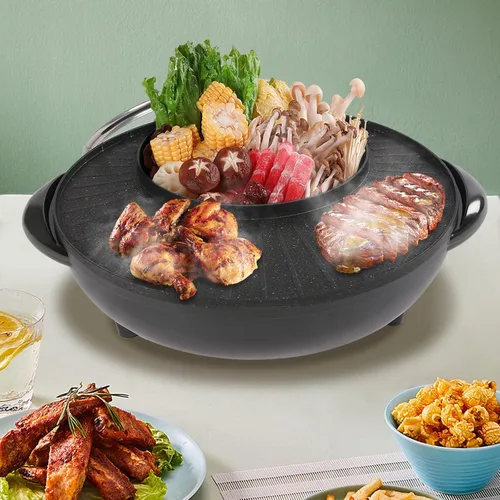 Vista 4 de Combo eléctrico de olla caliente y parrilla, con forma de sol y luna 2 en 1, parrilla de barbacoa y olla caliente de aluminio de 14 pulgadas de 5