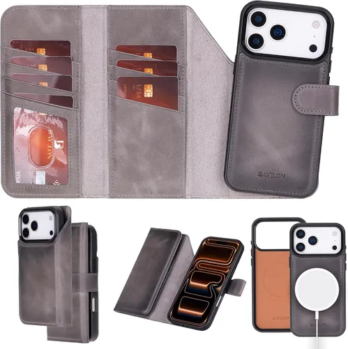 Vista 13 de Bayelon Estuche tipo billetera para iPhone 15 Pro, cartera de cuero desplegable de tres pliegues, cubierta tipo folio magnética desmontable, soporte