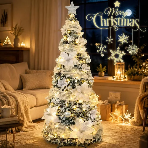 Vista 7 de Decoración de árbol de Navidad preiluminada de 6 pies con adornos Árbol artificial plegable con 150 luces LED cálidas, predecorado, fácil de montar