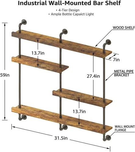 Vista 6 de Estante de vino de pared de 4 niveles con LED, estantes de barra