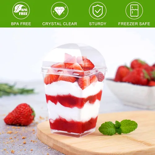 Vista 3 de Zezzxu Paquete de 100 Tazas de Postre de 5 oz con Tapas de Cúpula y Cucharas, Tazas de Pudín de Plástico con Tapas Mini Tazas de Parfait Shooter