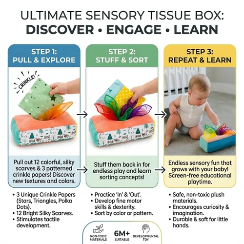 Vista 6 de Caja de pañuelos para bebé, juego Montessori para bebés y niños pequeños, caja texturizada sensorial con 12 bufandas coloridas a juego y 3 piezas